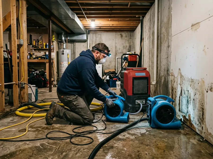 Sherburne Water Restoration crew pumping and drying a flooded Big Lake, MN basement
