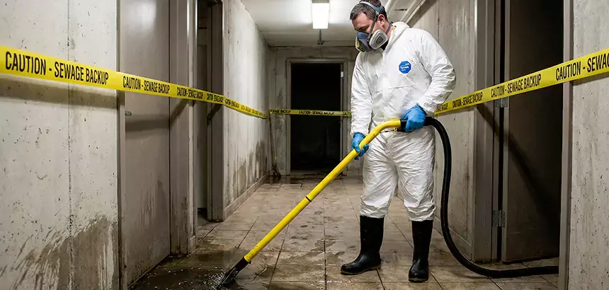 A technician cleaning a sewage backup in Big Lake, MN