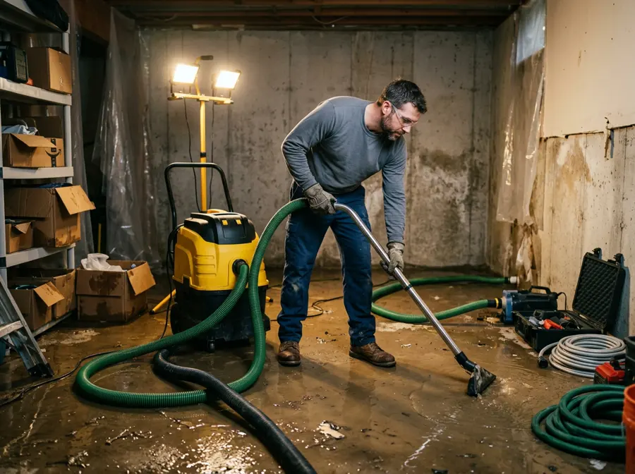 Crew extracting standing water from a Big Lake, MN basement floor